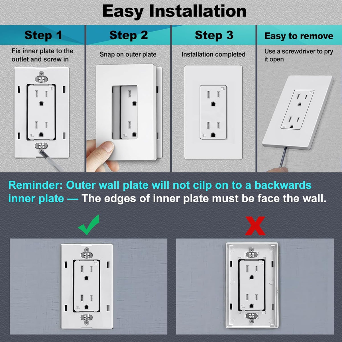 CML Screwless Wall Plates, 40 Pack Decorator Light Switch Covers, 1-Gang Decor Outlet Switch Plate