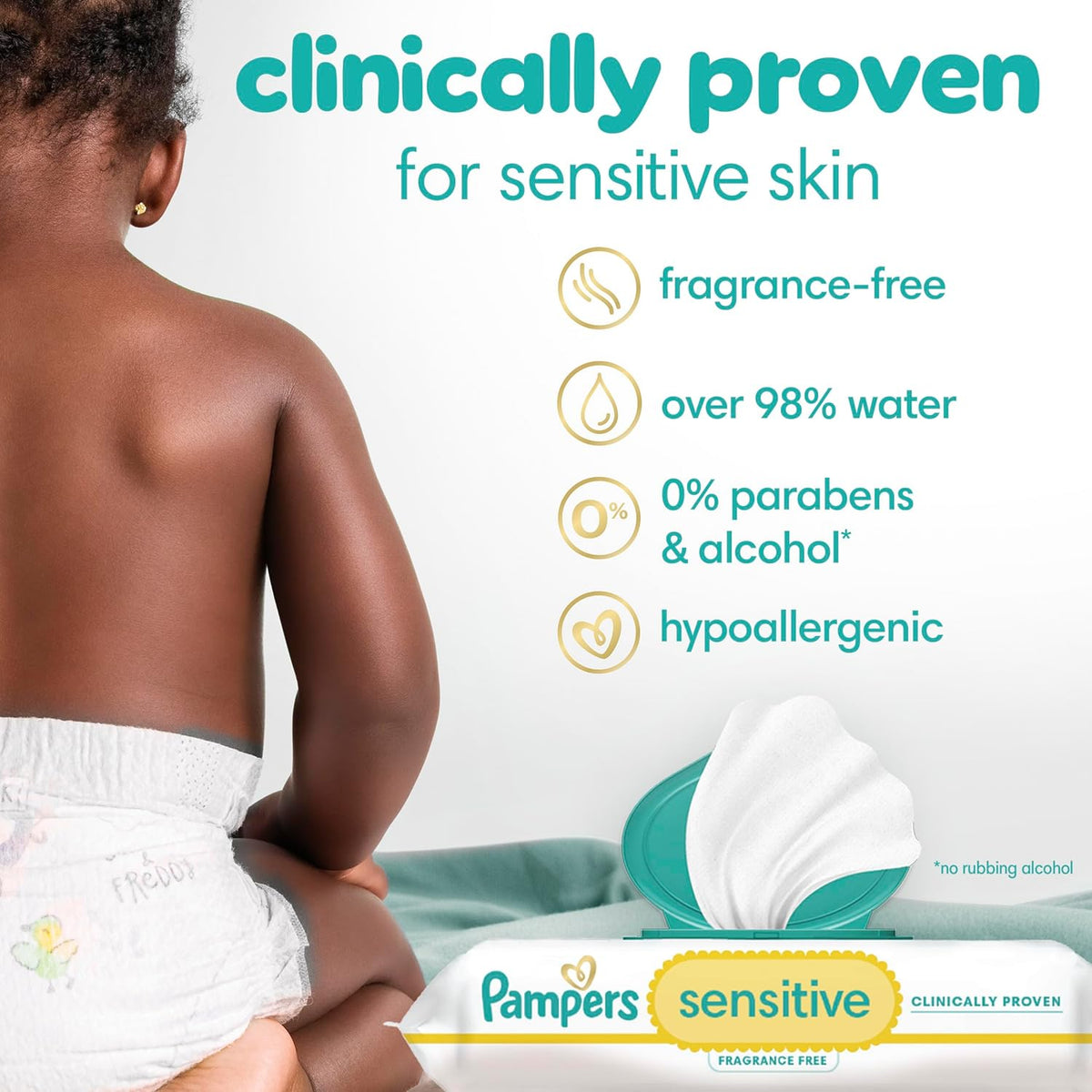 Pampers Sensitive Baby Wipes, Water Based, Hypoallergenic and Unscented, 8 Flip-Top Packs, 4 Refill