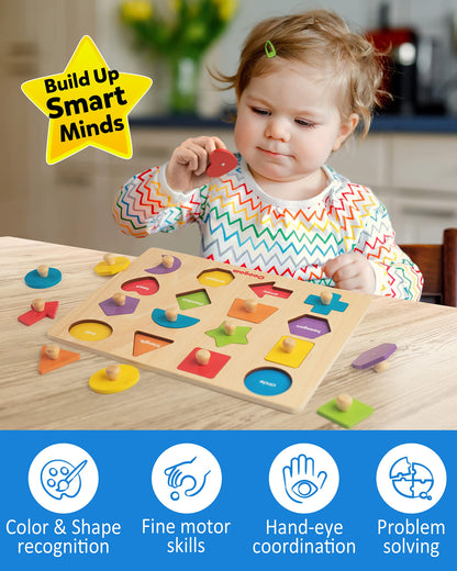 Coogam Montessori Toy Wooden Shape Peg Puzzle, Fine Motor Color Matching Sorting Board, Early