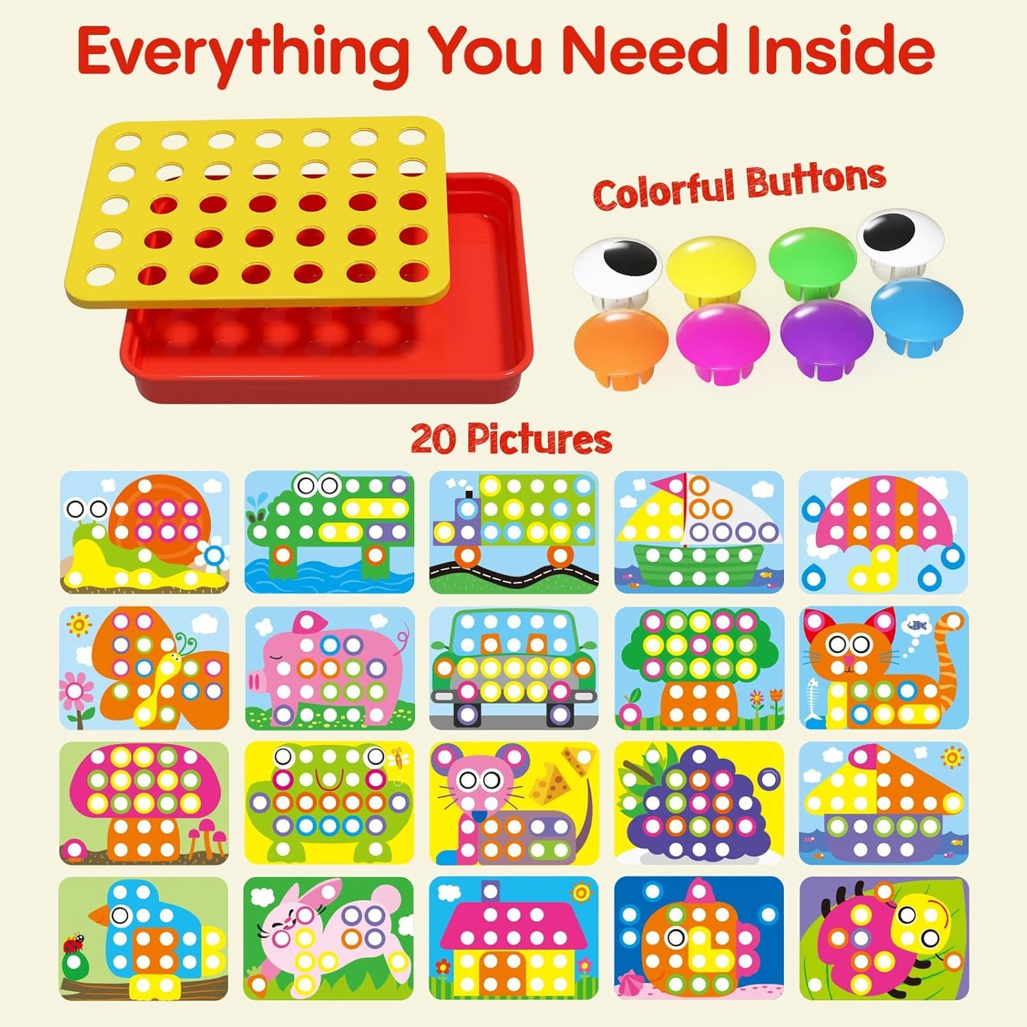 AMOSTING Button Art Toy – Educational Color Matching Mosaic Pegboard Sensory Learning Activity for