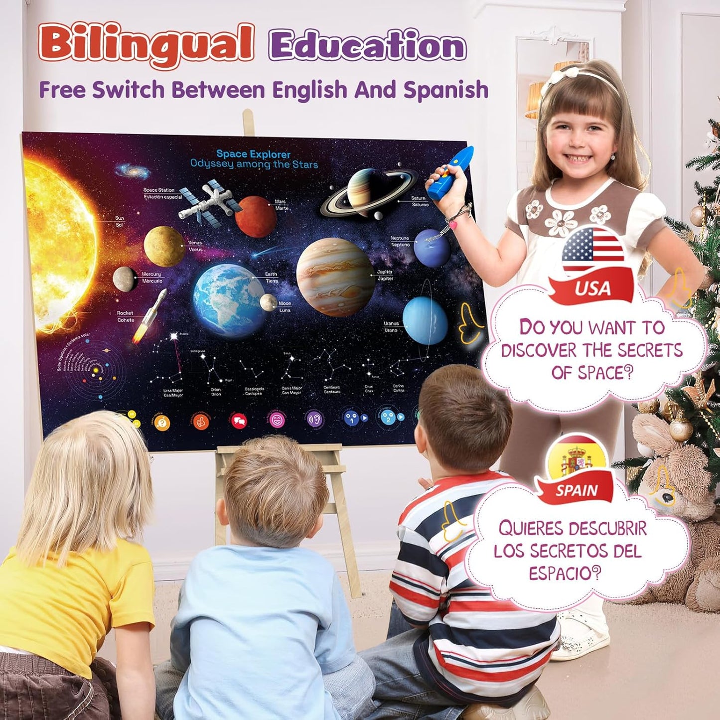 Bilingual Interactive Solar System Poster for Kids – Educational Talking Space Poster for Kids Aged