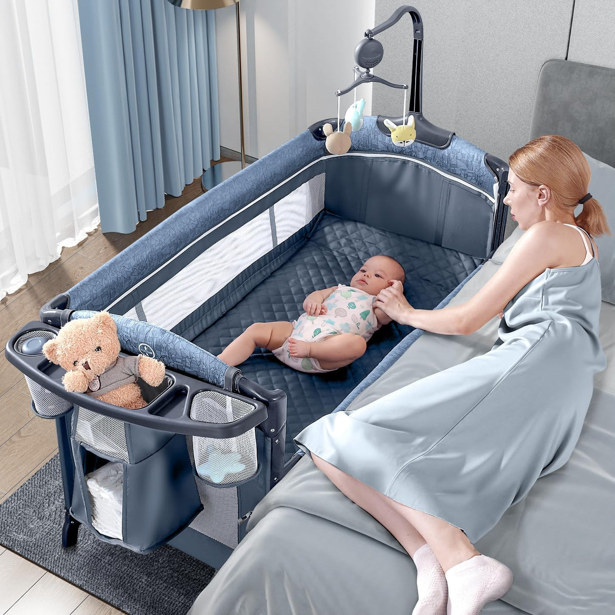 BabyBond Baby Bassinet Bedside Crib, Pack and Play with Sheet, Diaper Changing Table and Music