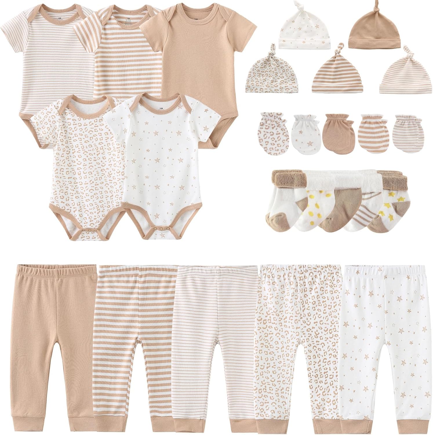 Newborn Layette Gift Set Bodysuits Pants for Baby Girl and Boy 24 Piece 100% Cotton Essentials and