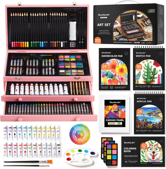 Shuttle Art Deluxe Gift Art Kit, 202-Piece Wooden Art Supplies Set with 4 Drawing Pads, Canvases