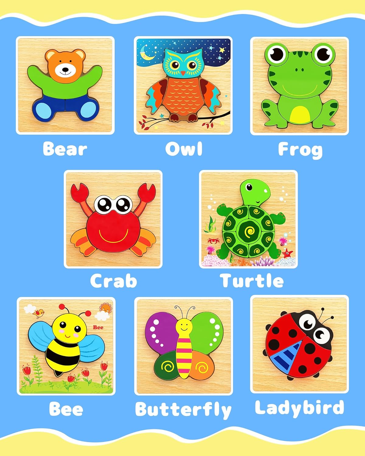 Bekayshad Wooden Puzzles Toddler Toys Gifts for 1 2 3 Year Old Boys Girls, 8 Pack Animal Jigsaw