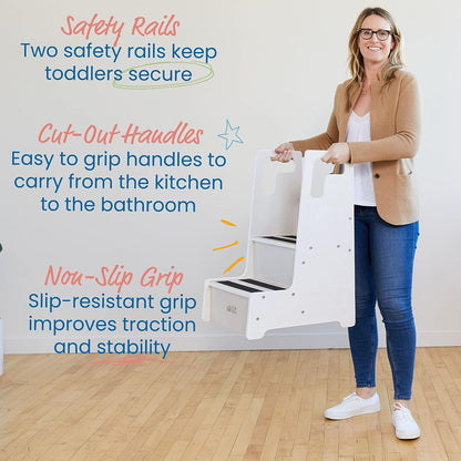 ECR4Kids Reach-Up Step Stool with Handles, Kids Furniture, White Wash
