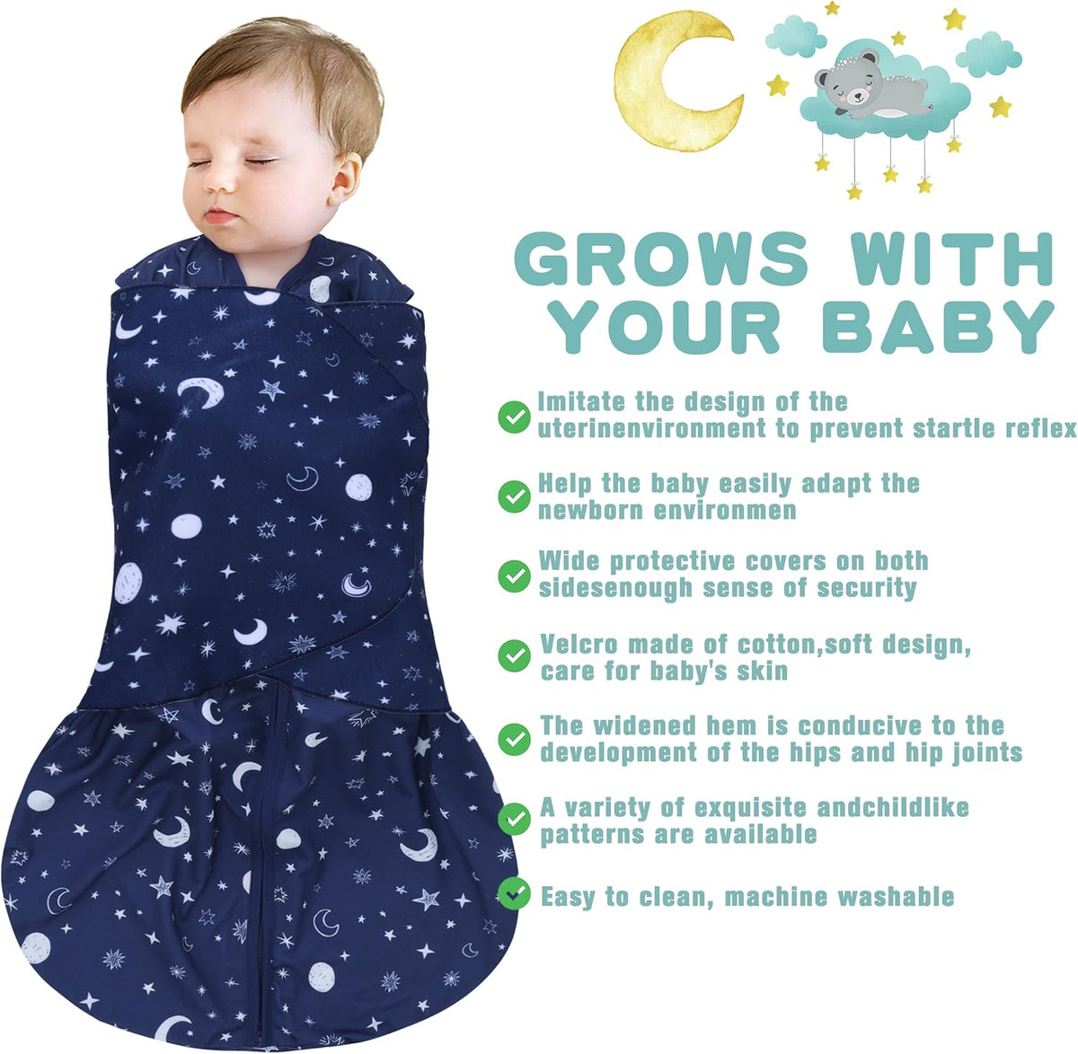 Newborn Sleep Sack Baby Swaddle,Swaddle me 6-12 Month,3-Way Adjustable Wearable Blanket,100% Rayon