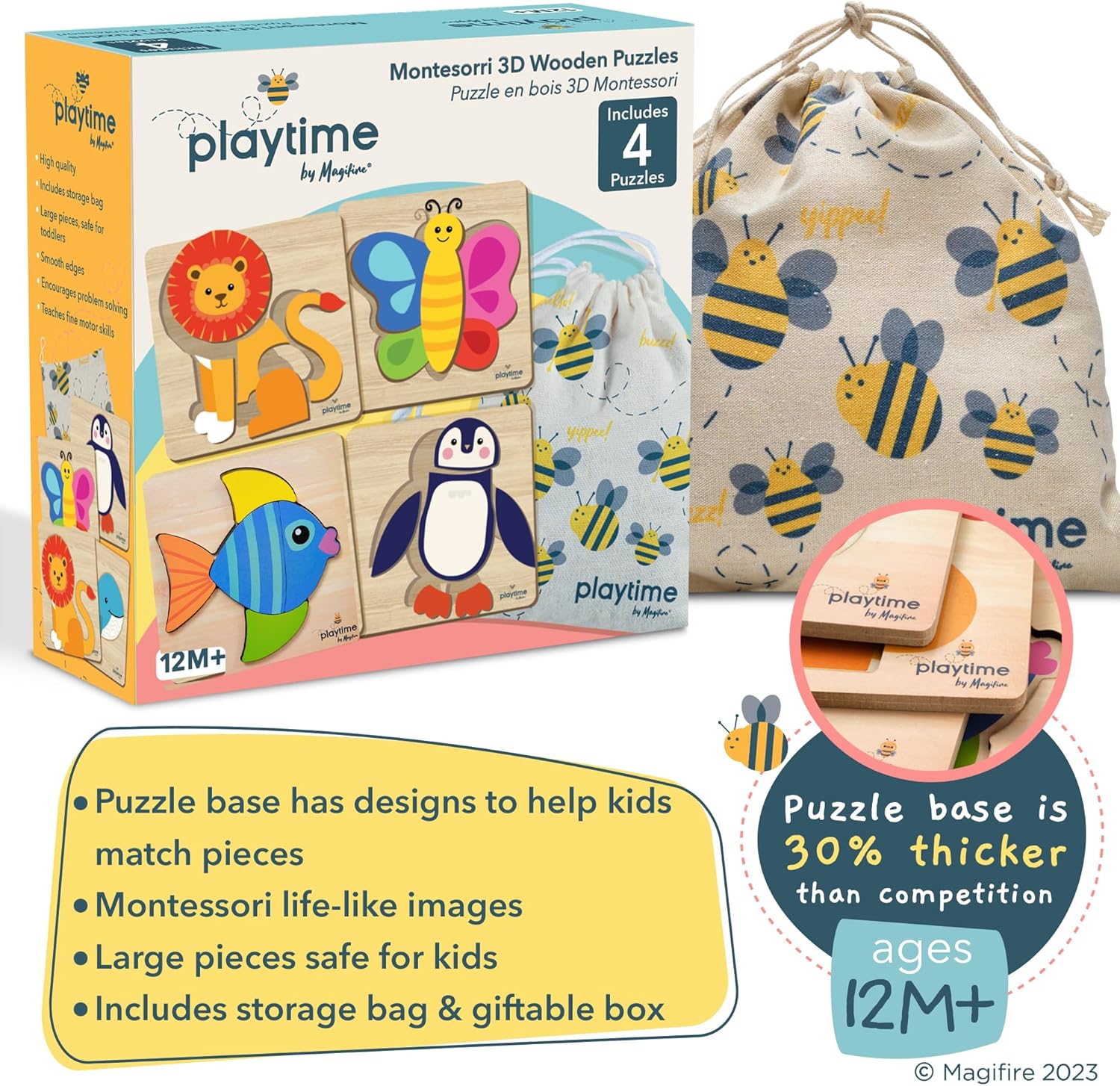 MAGIFIRE Toddler Puzzles Wooden Set of 4-4-Pack Multicolor Wood Animal Shapes with Storage Bag &
