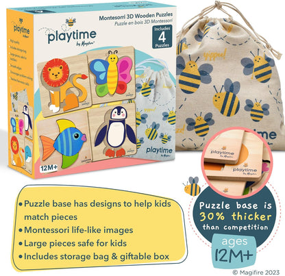 MAGIFIRE Toddler Puzzles Wooden Set of 4-4-Pack Multicolor Wood Animal Shapes with Storage Bag &