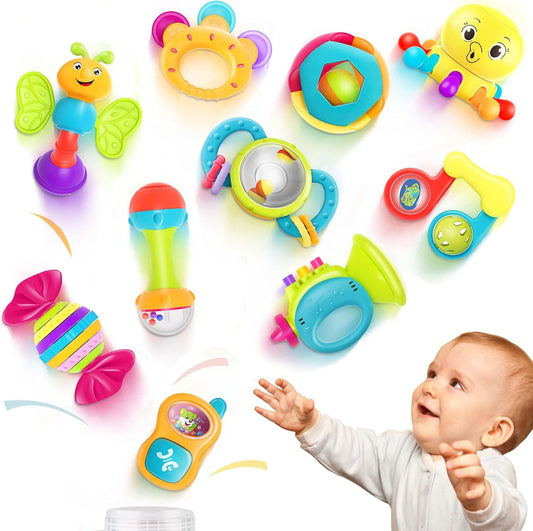iPlay, iLearn 10pcs Baby Rattles Toys Set, Infant Grab Shake Rattle, Easy Hold Sensory Teether