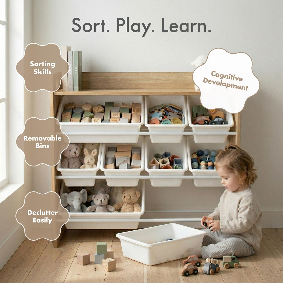 Humble Crew Kids Toy Organizer with Display Shelf, 9 Bins, 3 Tier Storage