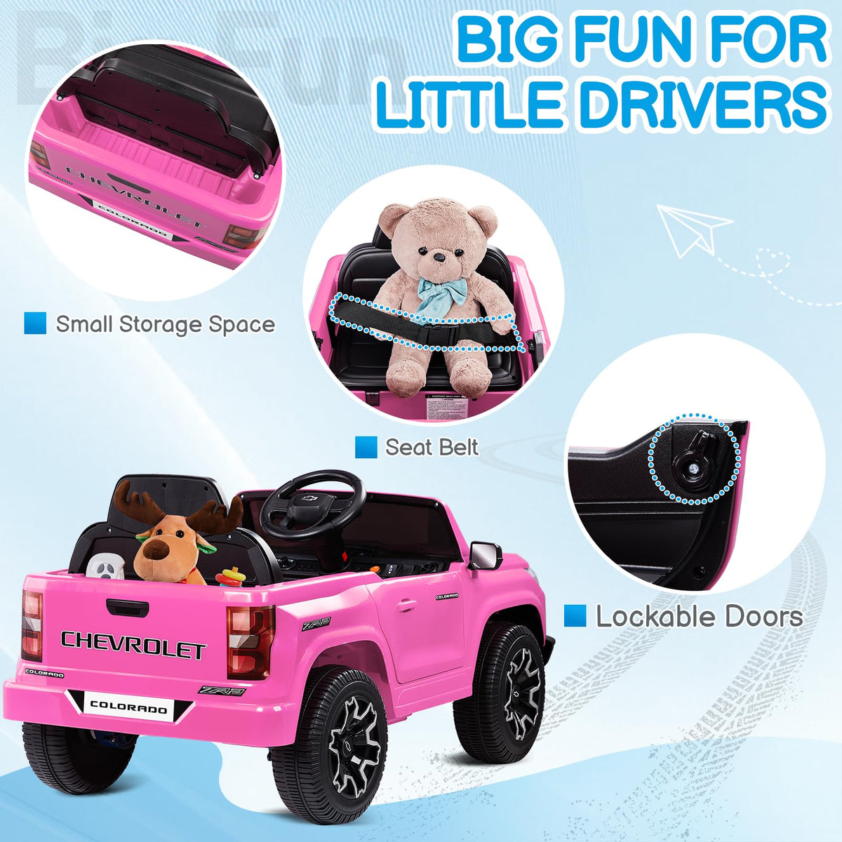 Winado 12V Licensed Chevrolet Colorado Electric Ride on Car for Kids, Pink
