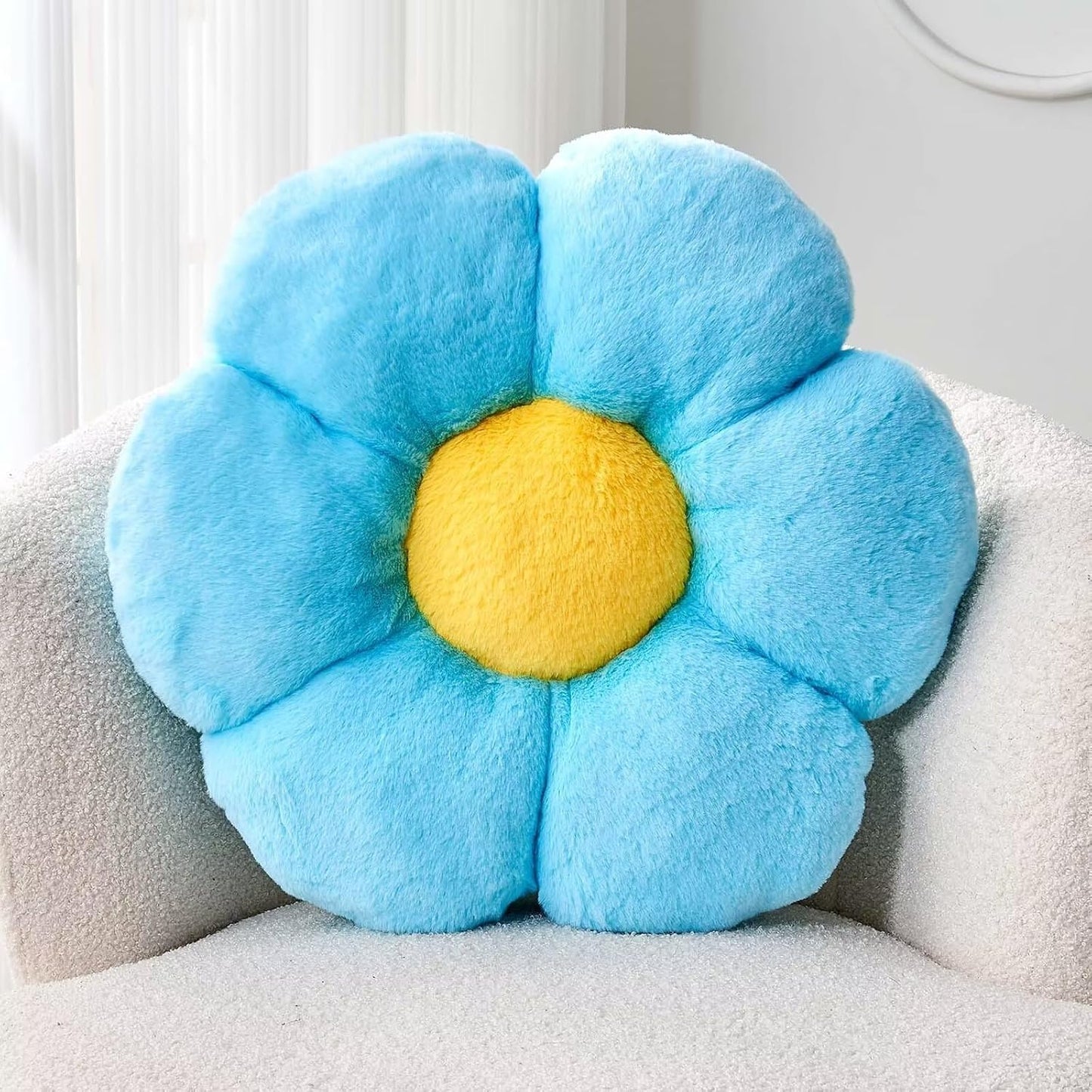 Blue Flower Pillow, Cute Decorative Shaped Throw Pillow With Faux Rabbit Fur, 19.6" Soft Plush