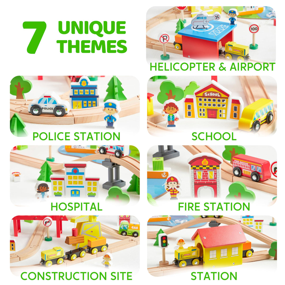 110PCS Wooden Train Set - Toy Magnetic Trains with Wooden Track Set for Kids Ages 3-8, City Scene