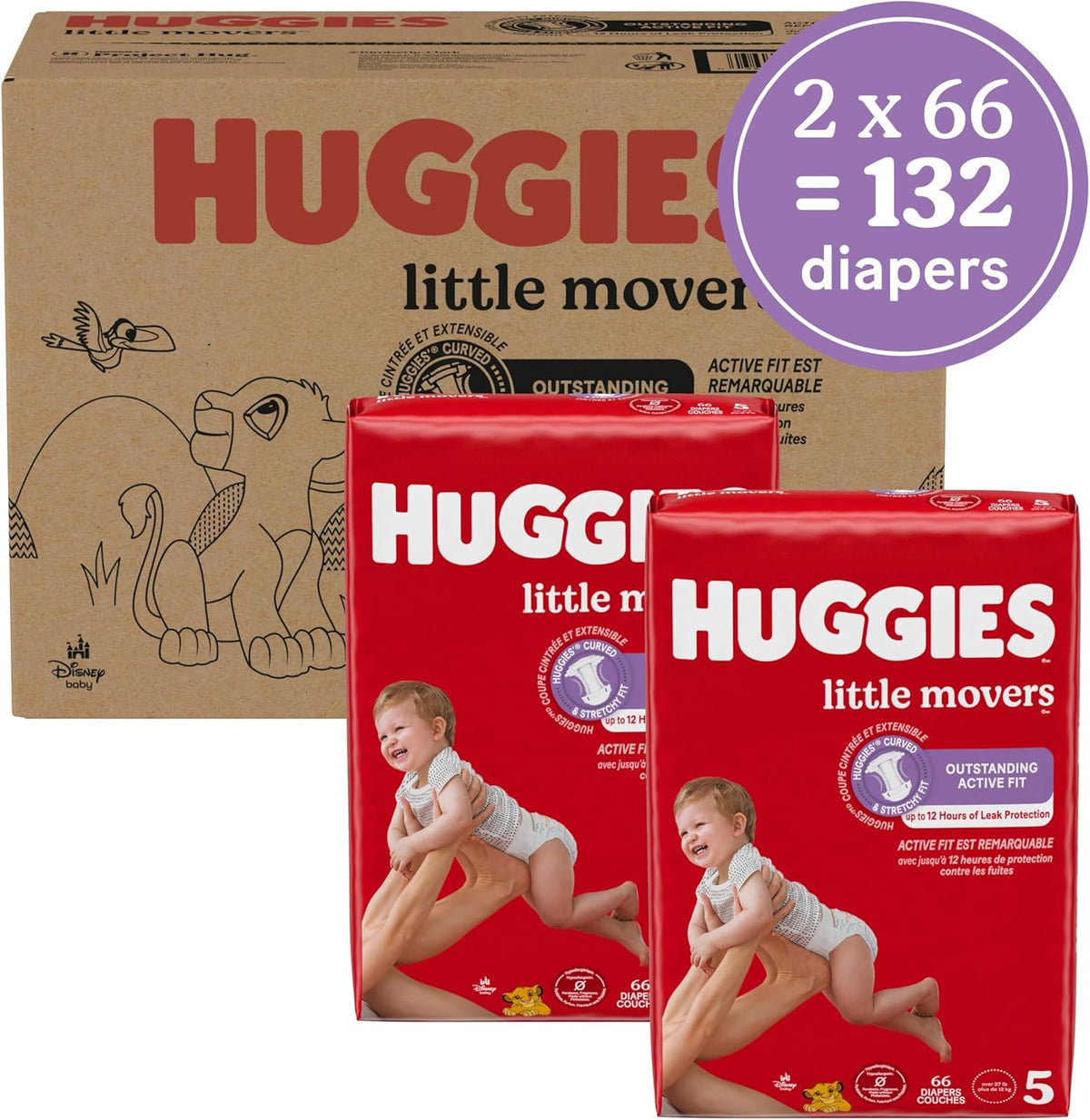 Huggies Size 5 Diapers, Little Movers Baby Diapers, Size 5 (27+ lbs), 132 Count (2 Packs of 66)
