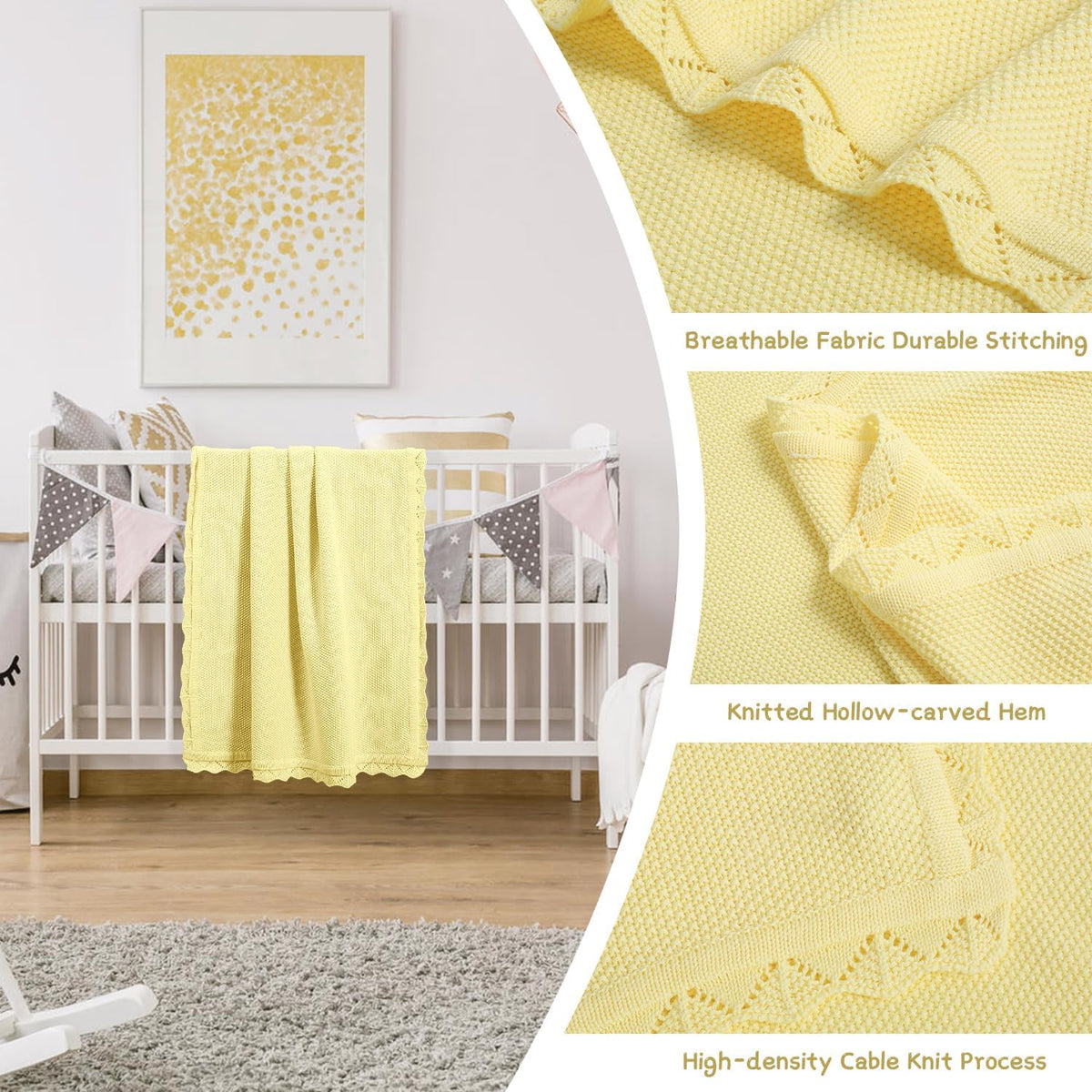 100% Cotton Baby Blanket Knit Soft Warm Lace Toddler Newborn Nursery Blanket, 30 x 40 Inches, Lemon