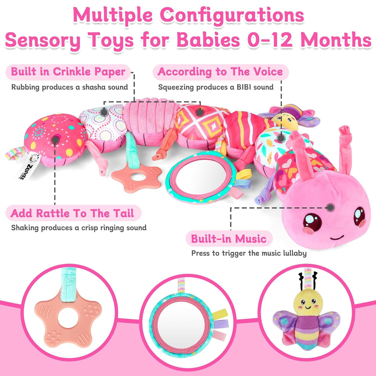 Baby Girls Toys 6-12 Months - Infant 6-in-1 Sensory Music Animal Stuffed Caterpillar Toy with