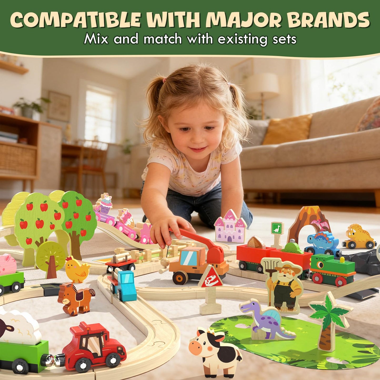 Lehoo Castle Farm Wooden Train Set, Wooden Train Tracks Set for Kids