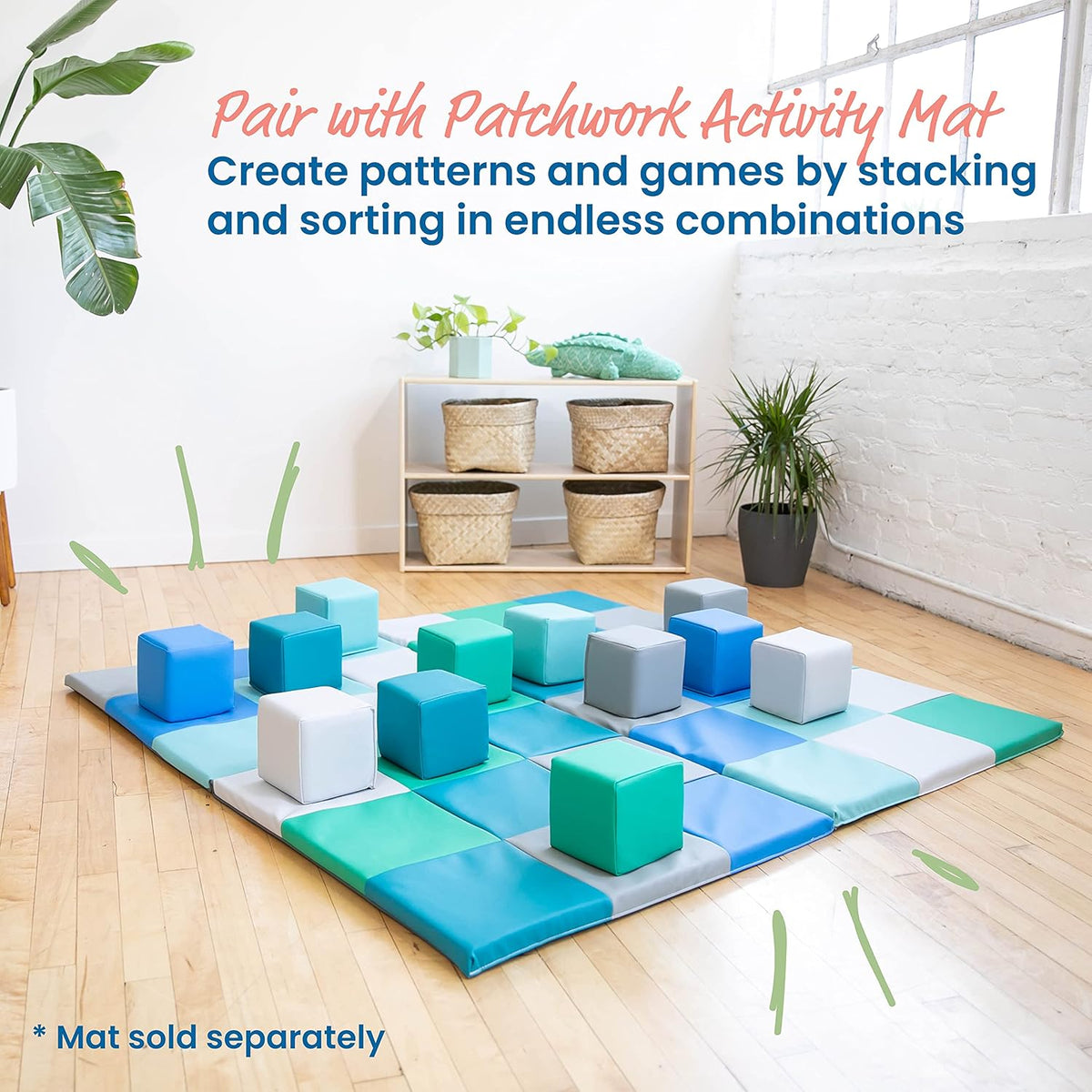 ECR4Kids SoftZone Patchwork Toddler Building Blocks, Foam Cubes, Contemporary, 12-Piece