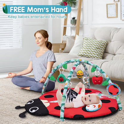 Jyusmile Baby Play Gym Mat, 8-in-1 Tummy Time Mat with 6 Toys, Washable Baby Activity Mat for