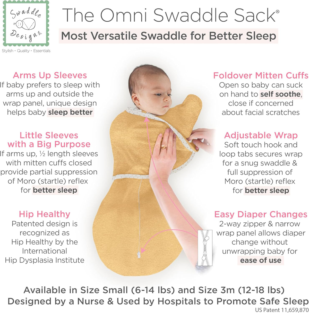 SwaddleDesigns 6-Way Omni Swaddle Sack Arms Up Swaddle for Newborn, More Options to Calm Startle