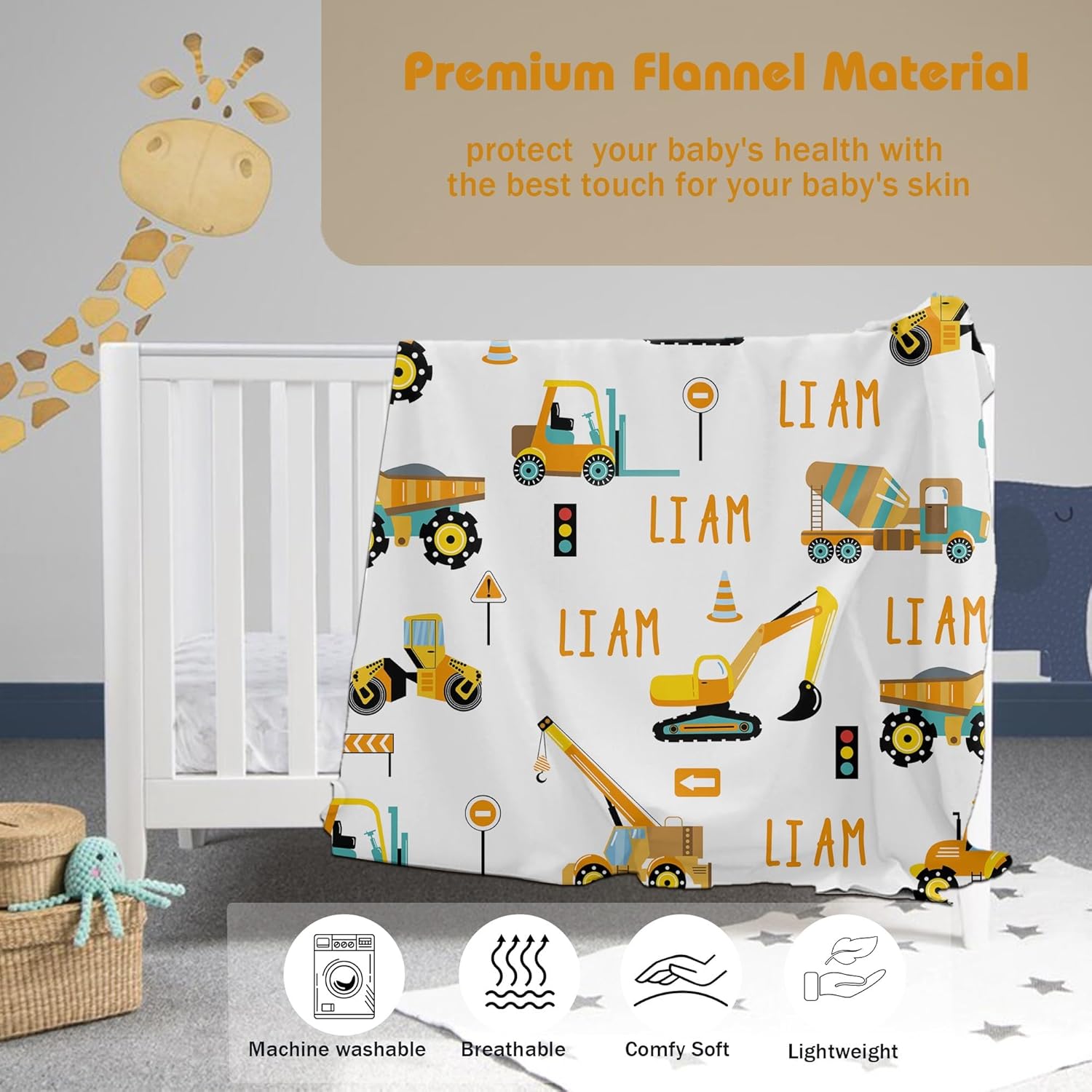 Personalized Truck Excavator Blanket with Name Cutsom Blanket for Baby Boy Car Lover Toddler Kids