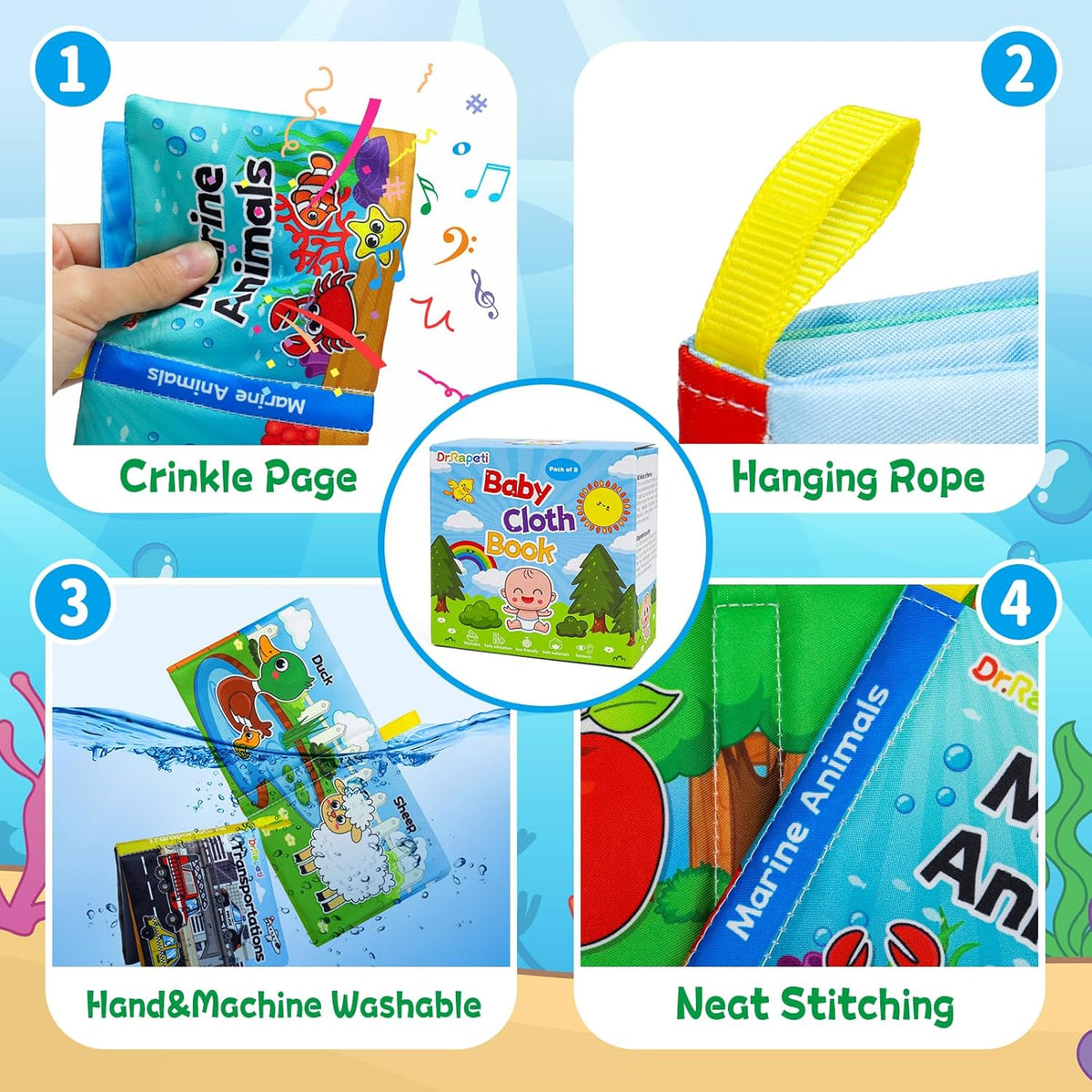 Dr.Rapeti Soft Cloth Books Baby Books Bath Books 8-Pack for Baby Infant Toddler Kid Crinkle