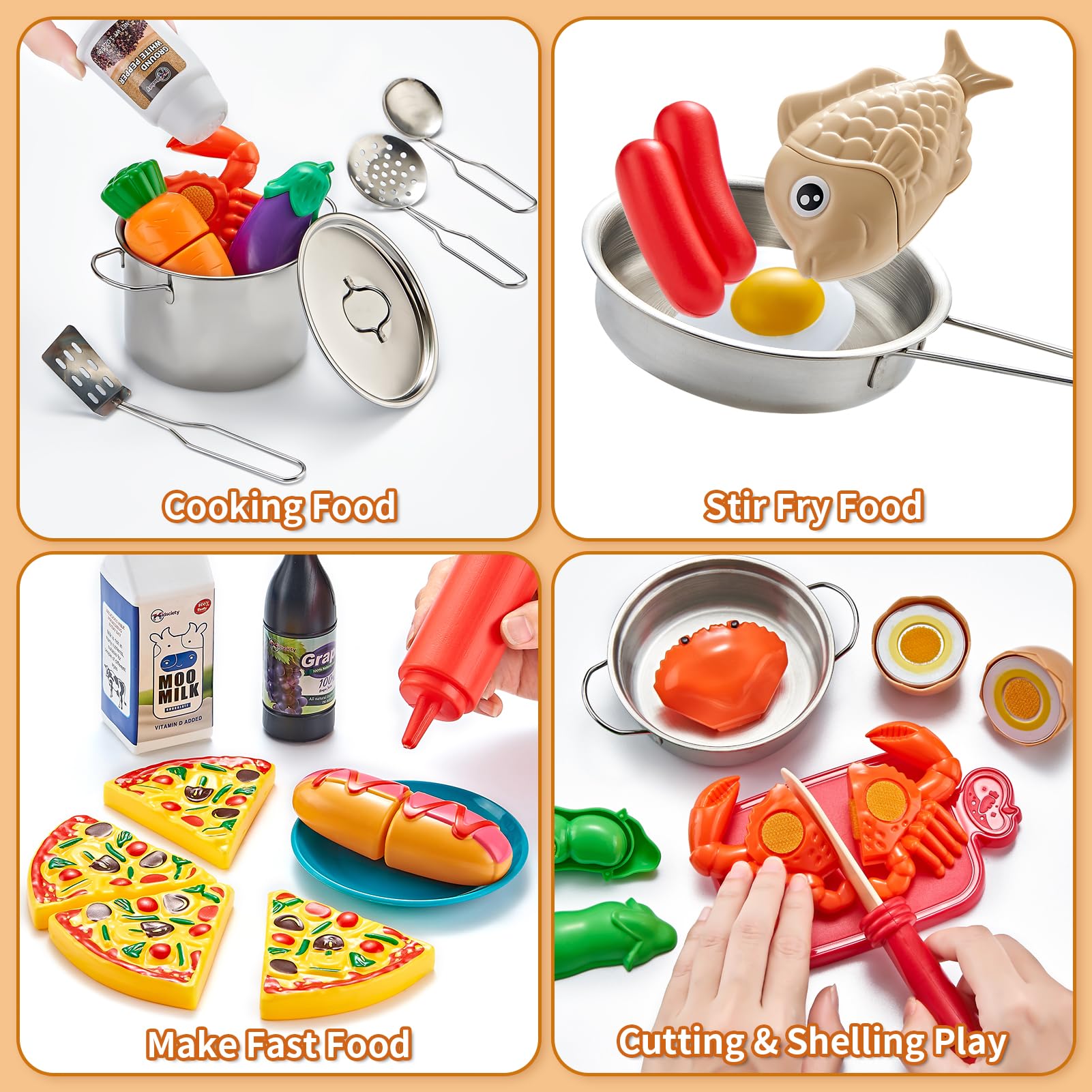 Kidsciety Pretend Play Kitchen Accessories, 52pc Kids Kitchen Playset with Play Food, Stainless