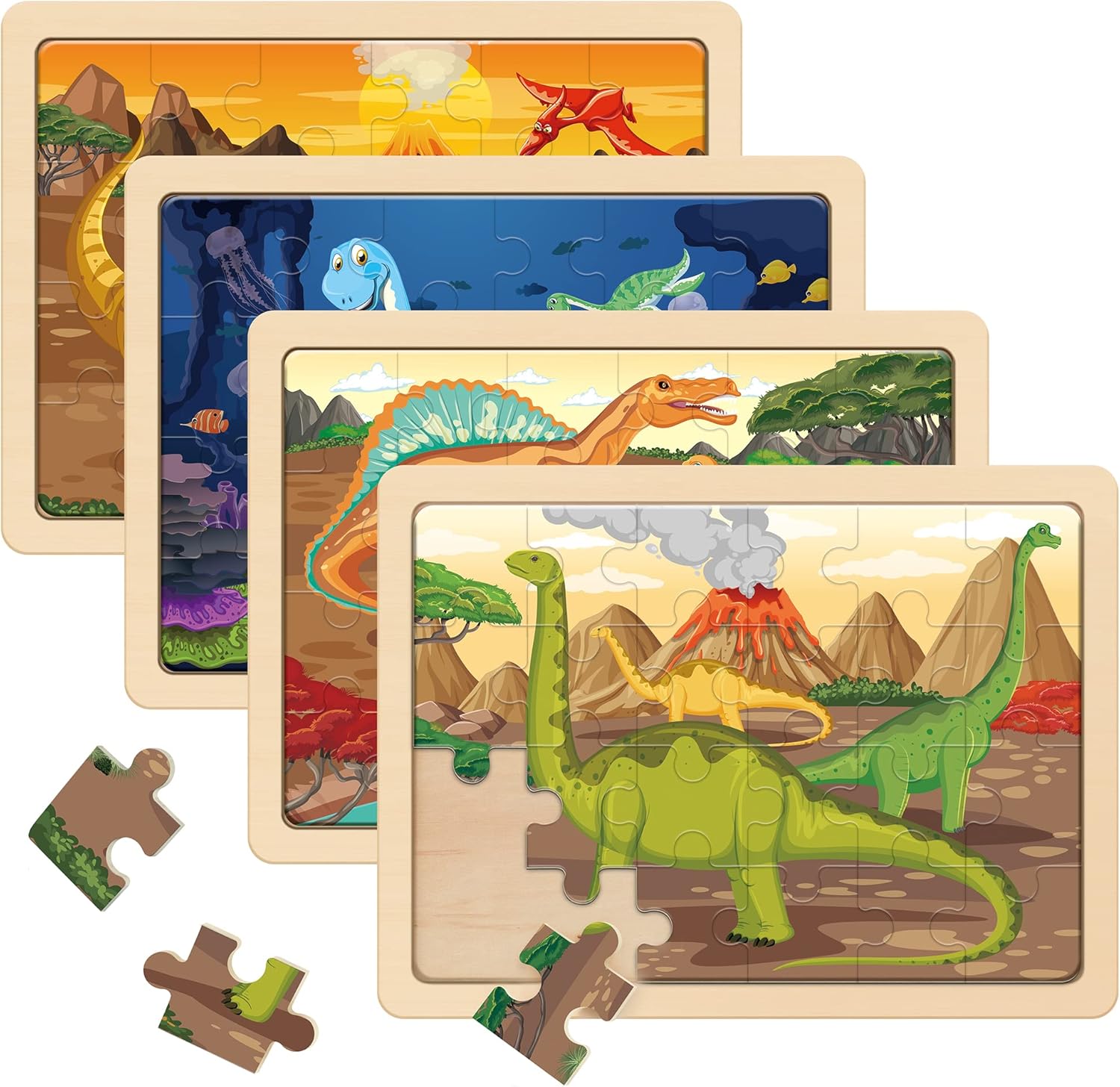 SYNARRY Large Dinosaur Wooden Puzzles for Kids 4 in 1 Gift Box(12.2 * 9.4 in) - FSC Certified