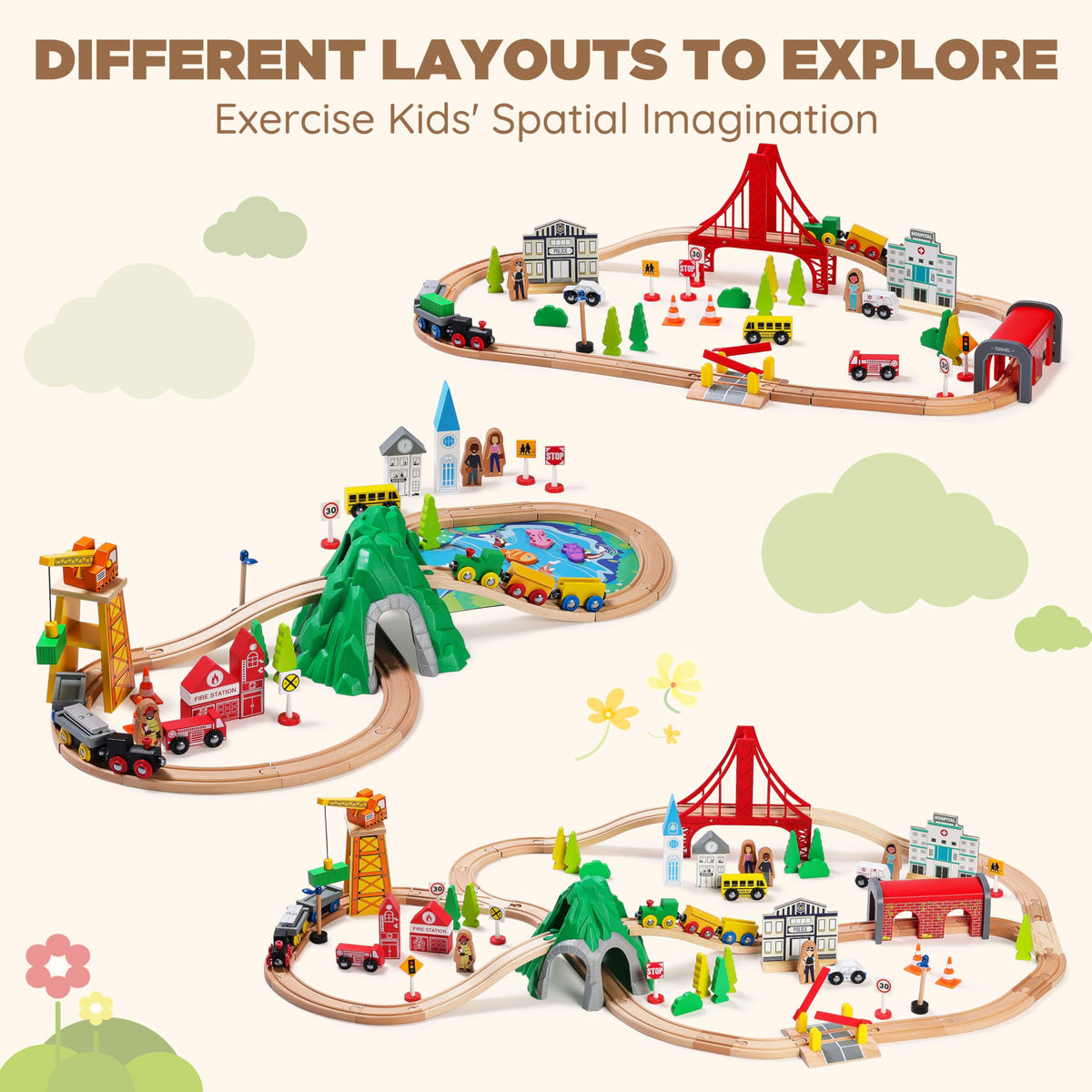 SainSmart Jr. 112-Piece Wooden Train Set for Toddler – Double-Sided Train Tracks, Compatible with