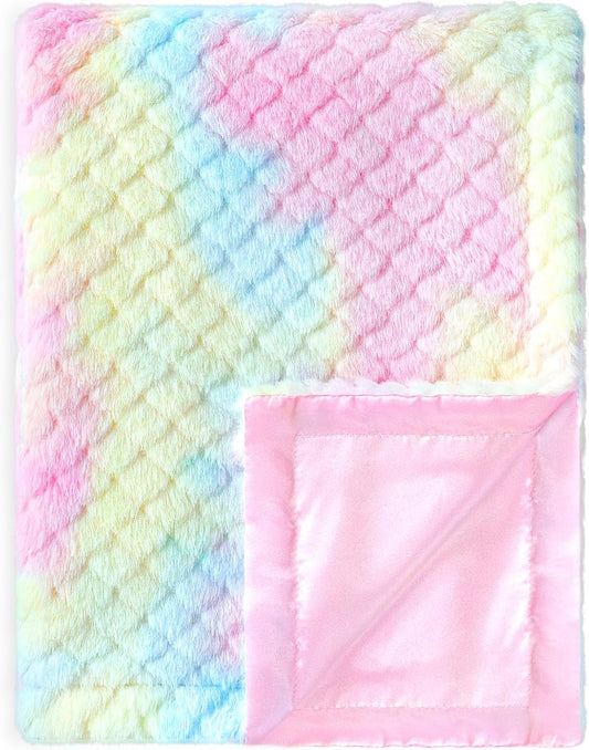 Baby Blanket for Girls Tie Dye Rainbow Fleece Fluffy Fuzzy Blanket with Soft Luxury Silk Silky