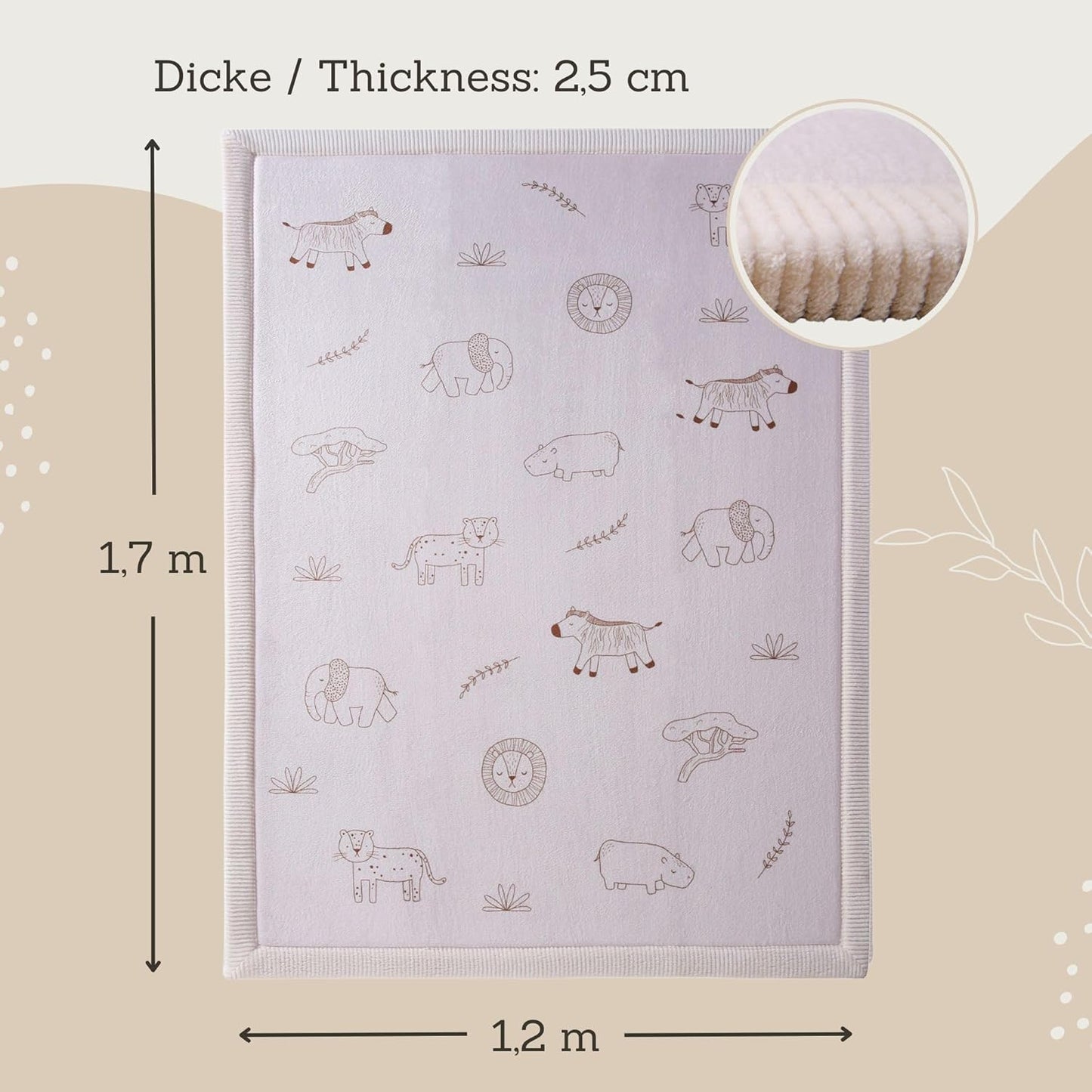 Stylish Coral Baby Play Mat for Floor 47" x 67" Safari Animals – Soft 1" Thick High-Density Memory