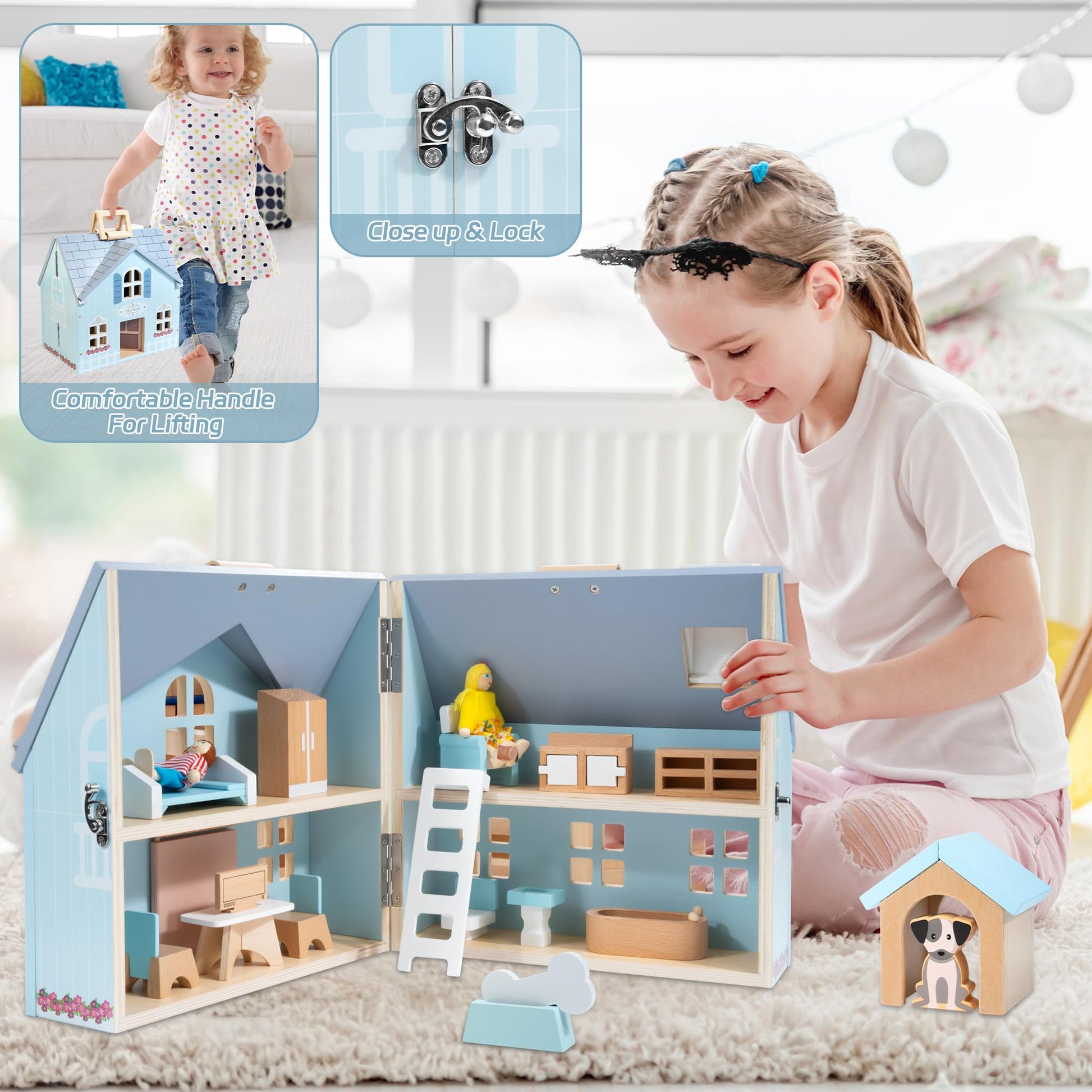 WOODMAM Foldable Wooden Dollhouse with Furniture, Dolls & Pet Set