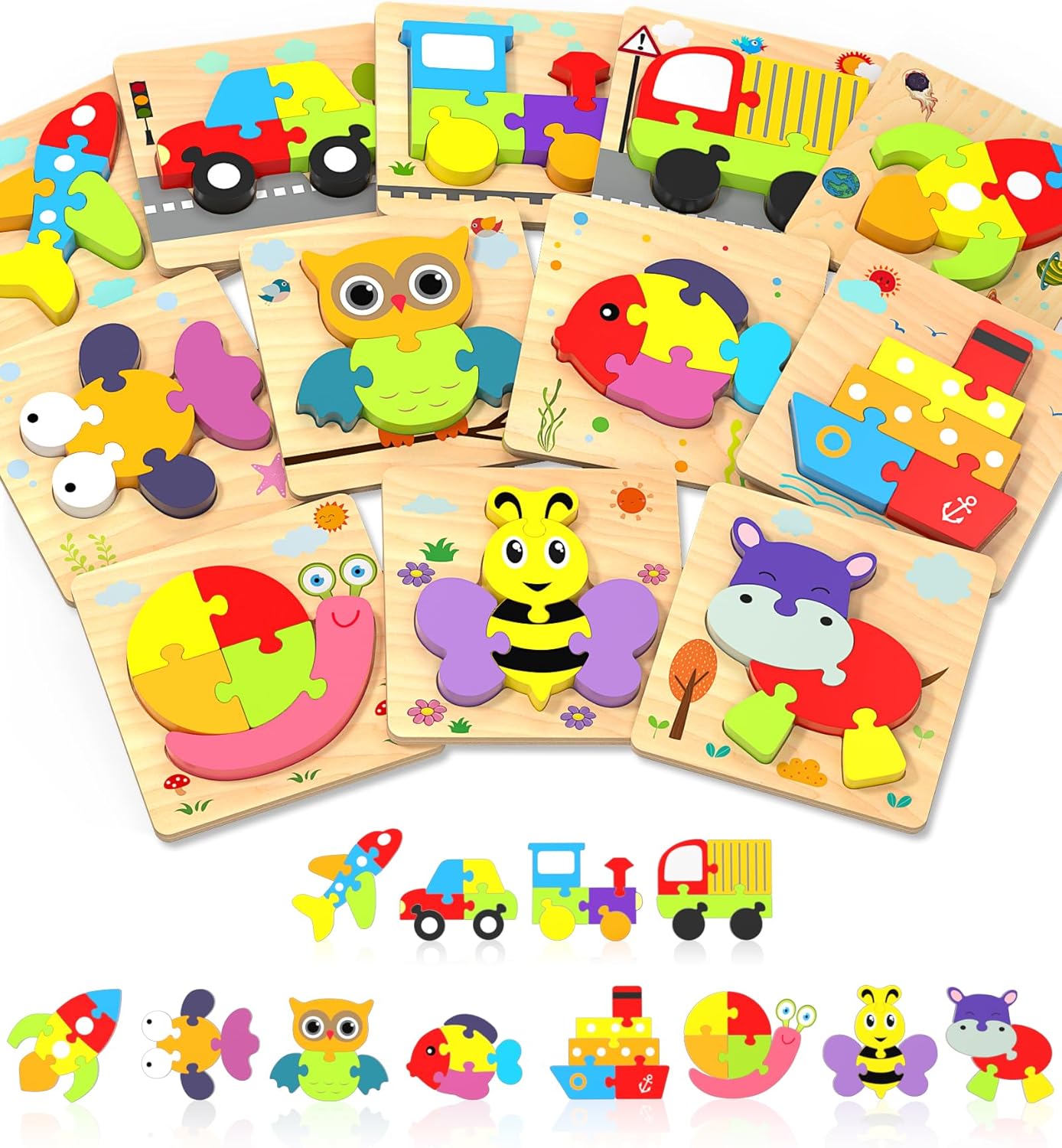 Yetonamr Wooden Toddler Puzzles Gifts Toys for 1 2 3 Years Old Boys Girls, 12 Vehicle Shape