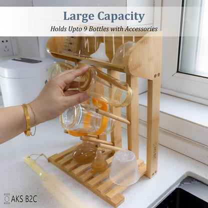 AKS B2C Bamboo Baby Bottle Drying Rack, Vertical Space Saving Kitchen Organizer, 9 Bottle Capacity