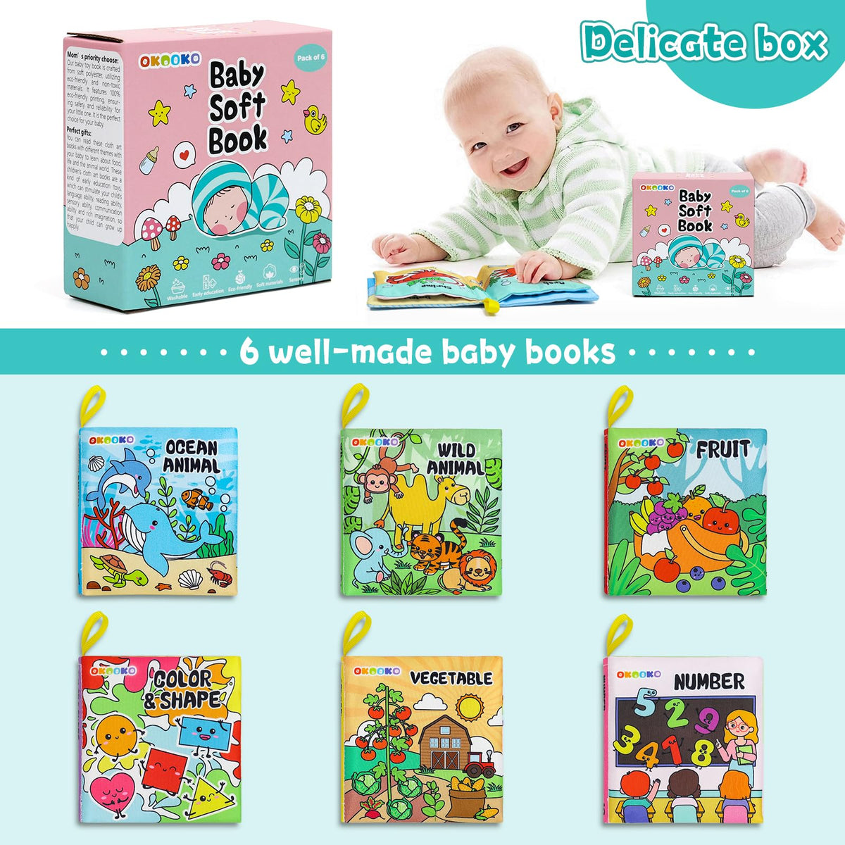 OKOOKO 6 Pack Soft Baby Book, Bath Toy, Soft Cloth Book, Crinkle Book