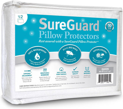 Set of 2 Queen Size SureGuard Pillow Protectors - 100% Waterproof, Bed Bug Proof, Hypoallergenic