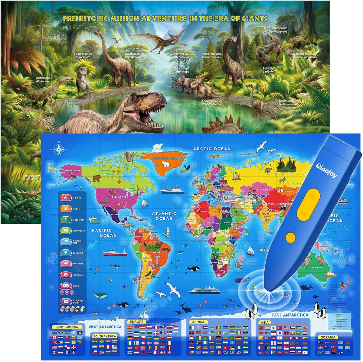 Bilingual Interactive Kids Talking World Map & Dinosaur Poster for Kids Learning and Educational