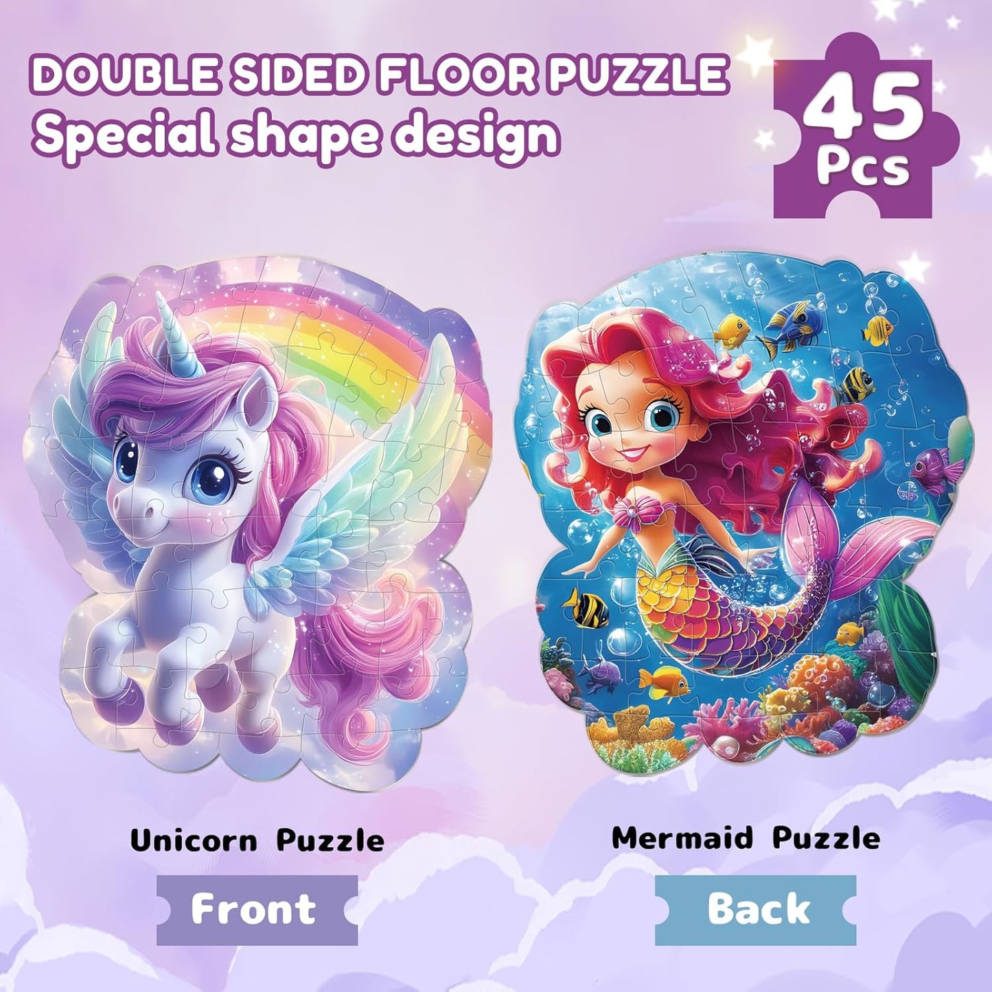 45pcs Unicorn & Mermaid Double-Sided Floor Puzzles, Ages 3-8, 27.6x32 In, Waterproof, EVA Material