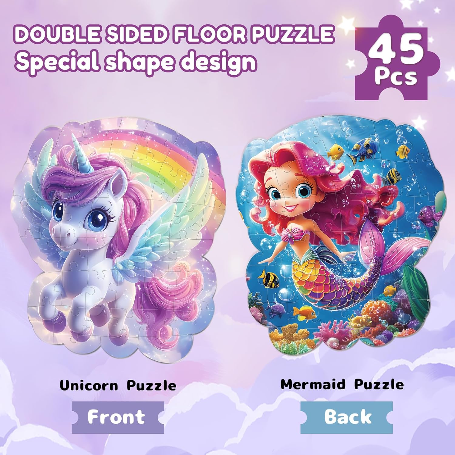 45pcs Unicorn & Mermaid Double-Sided Floor Puzzles, Ages 3-8, 27.6x32 In, Waterproof, EVA Material