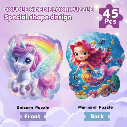 45pcs Unicorn & Mermaid Double-Sided Floor Puzzles, Ages 3-8, 27.6x32 In, Waterproof, EVA Material