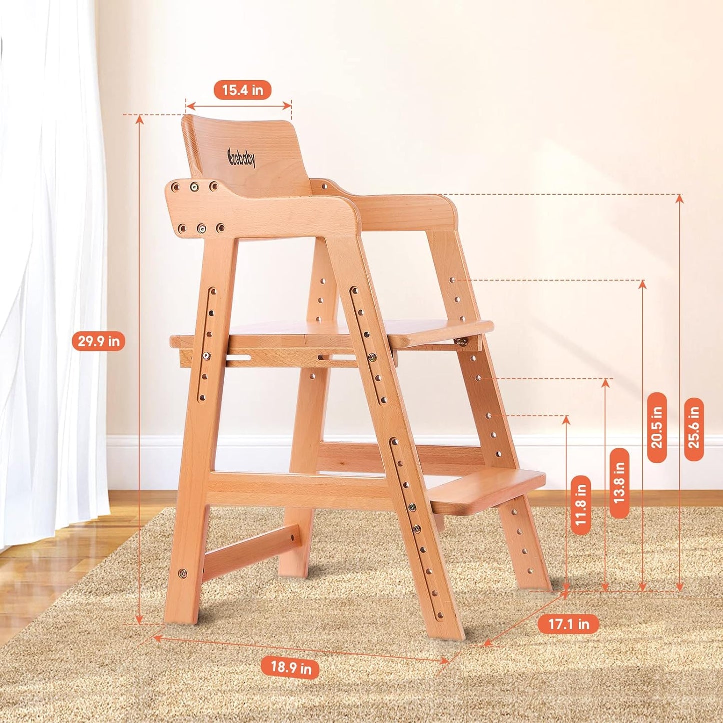 Ezebaby Wooden High Chair, Adjustable Highchair for Toddlers to Teens with Steps, Kids Dining