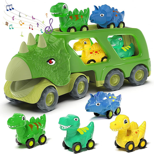 Veslier Dinosaur Car Toy for 3 4 5 Years Old Boys, Friction Power Carrier Truck with 4 Pack Small