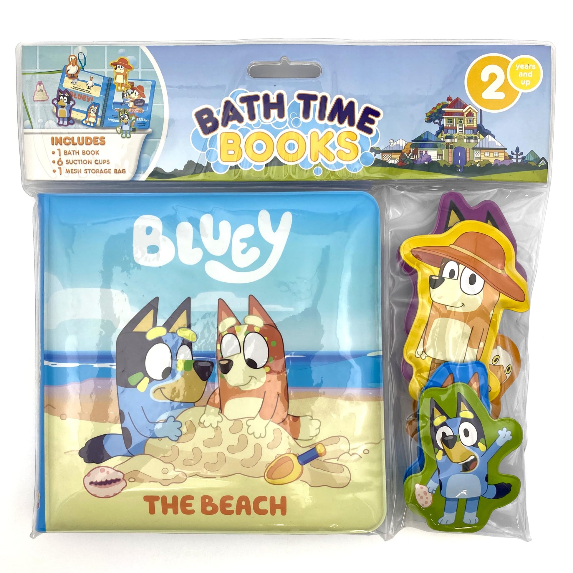 Bluey The Beach Bath Time Books - Activity Books for kids, Bath book, 6 Padded suction cups, 1 Mesh