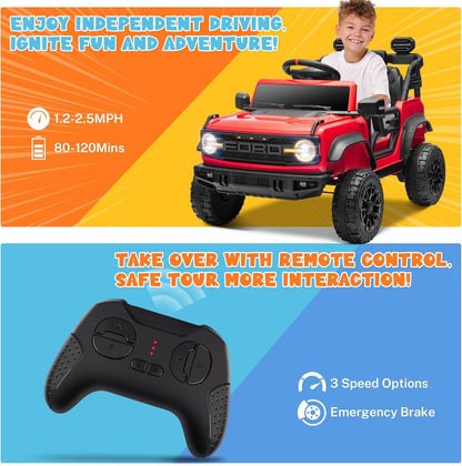 ENYOPRO 12V Kids Ride On Car with Remote Mode, Licensed Ford Bronco Raptor Electric Car for