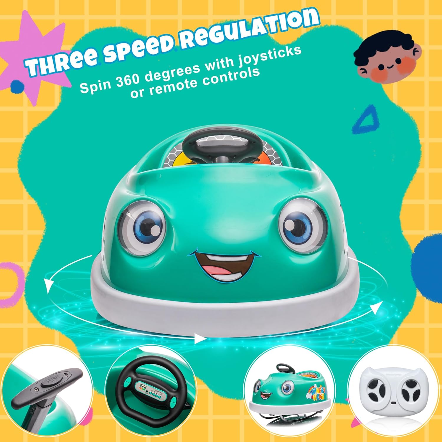 12V Dual Battery Electric Ride on Kids Bumper Car w/Remote Control,360 Degree Spin,Push Rod Rocker