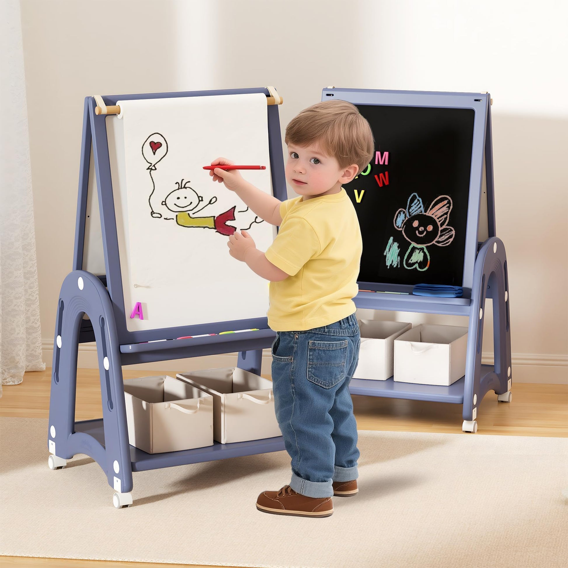 hoopyosms Art Easel for Kids 2-4 with Wheels, Whiteboard, Chalkboard & Paper Roll Adjustable Height