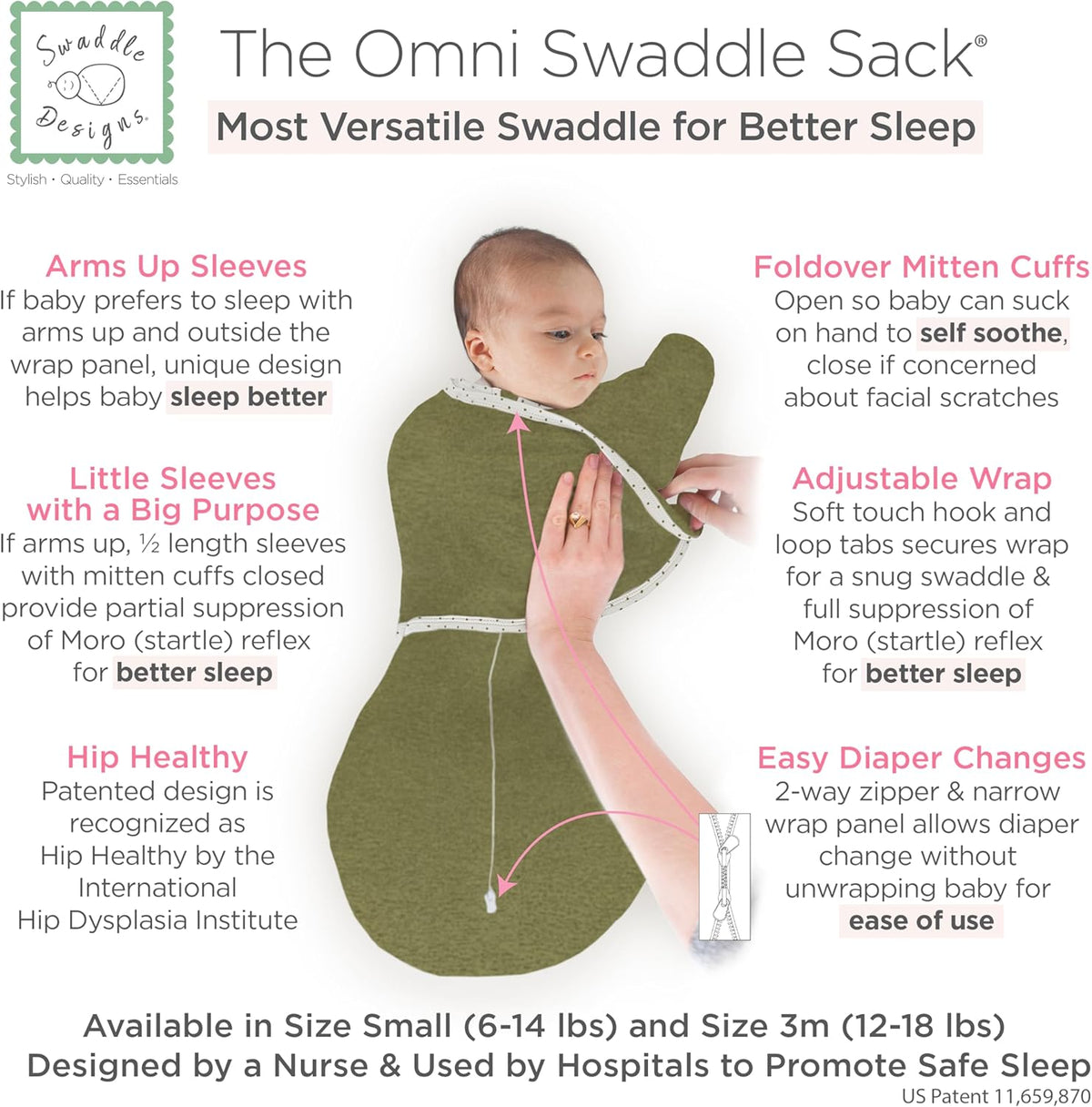 SwaddleDesigns 6-Way Omni Swaddle Sack Arms Up Swaddle for Newborn, More Options to Calm Startle