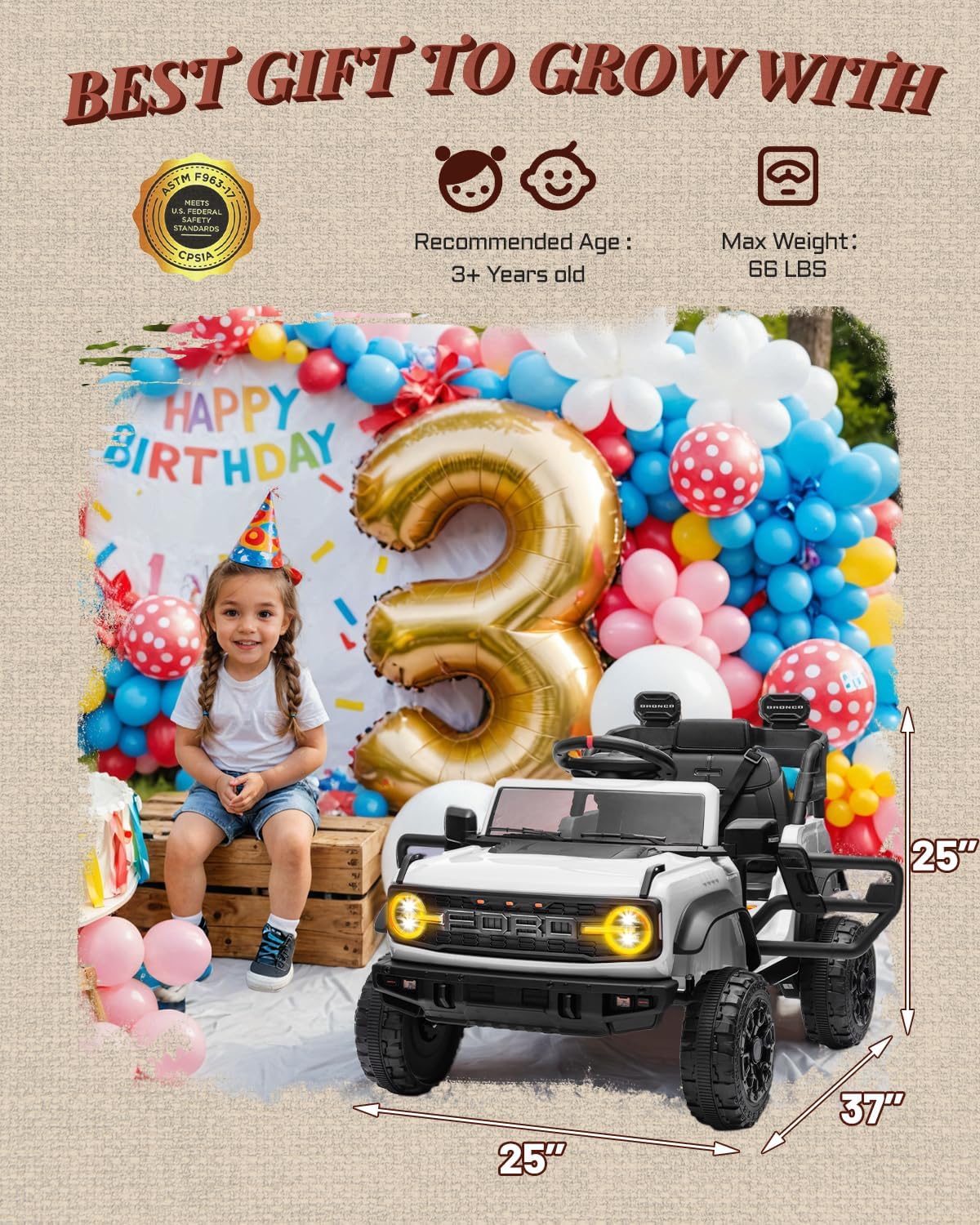 Ford Bronco Raptor 12V Toddler Ride on Toys, Safe Kids Ride on Truck with Remote Control, Children