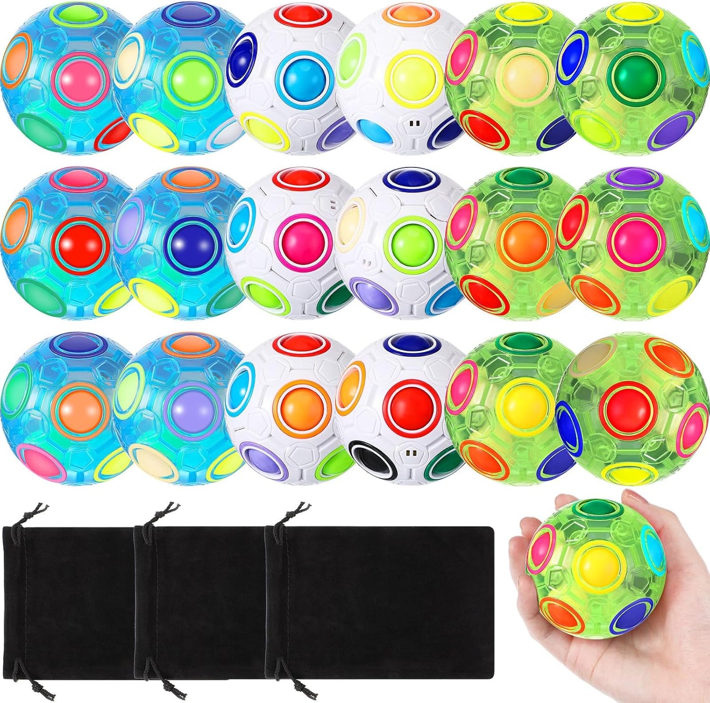 18 Pack Rainbow Puzzle Ball Magic Rainbow Ball with 3 Pack Pouches Fidget Toy Ball for Kids Speed